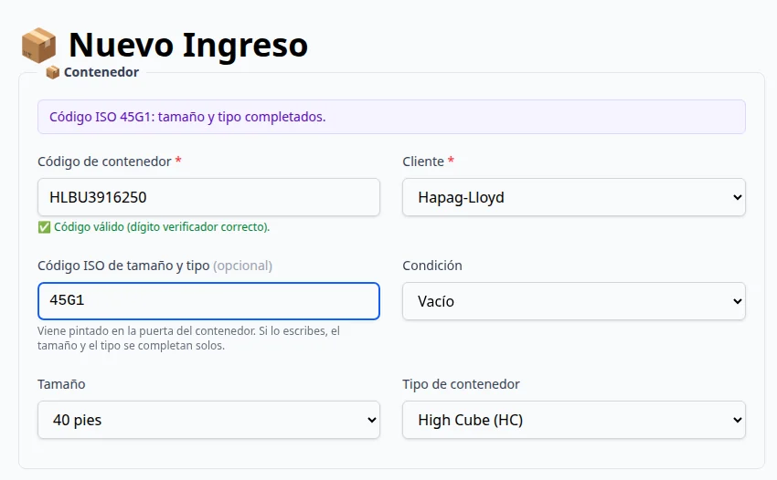 Formulario de ingreso: el código ISO 45G1 completa automáticamente 40 pies High Cube