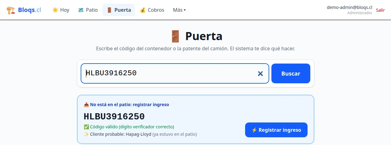 La Puerta de Bloqs.cl: el código es válido y el sistema sugiere el cliente según el historial del depósito